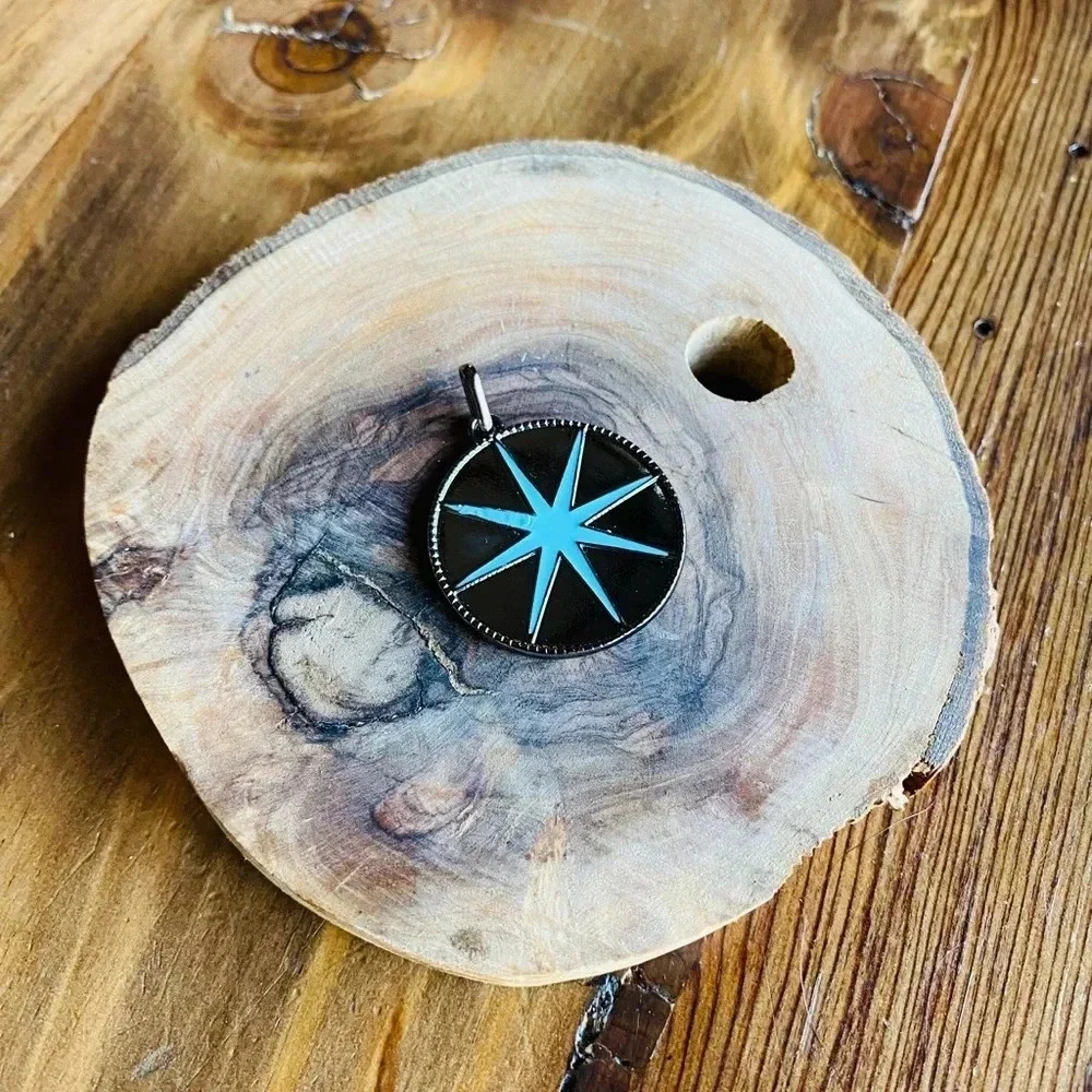 Celestial Aqua Blue Starburst Pendant Slate Gray Enamel Style NWOT - Picture 2 of 5